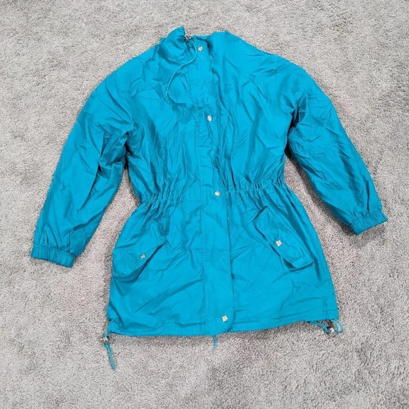 Woolrich Vintage Women's Zip Up Rain Coat Teal Blue Packable Waist Elastic M - Picture 2 of 11